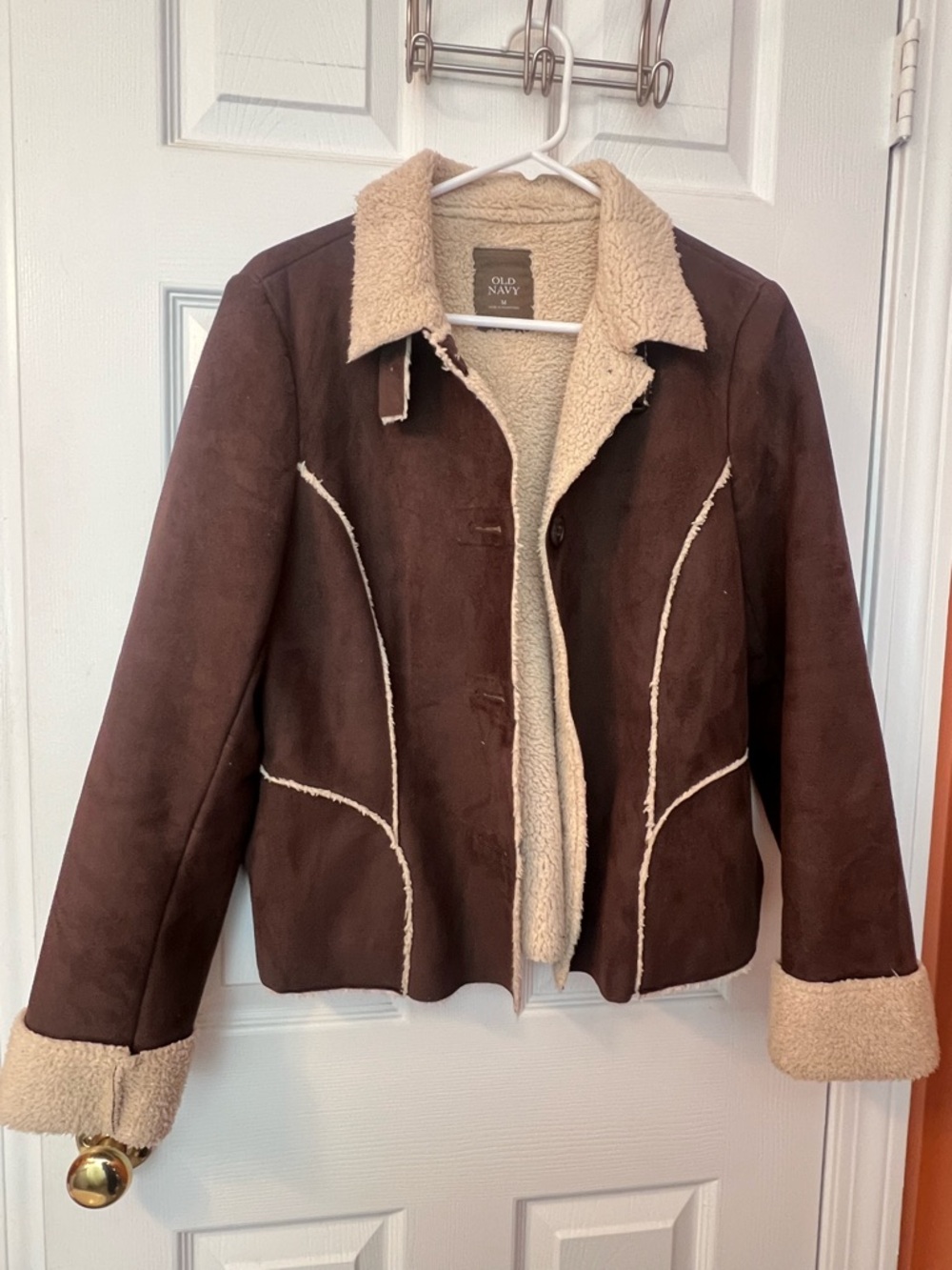 Old Navy Brown Faux Suede Teddy Jacket with Cream Sherpa Trim